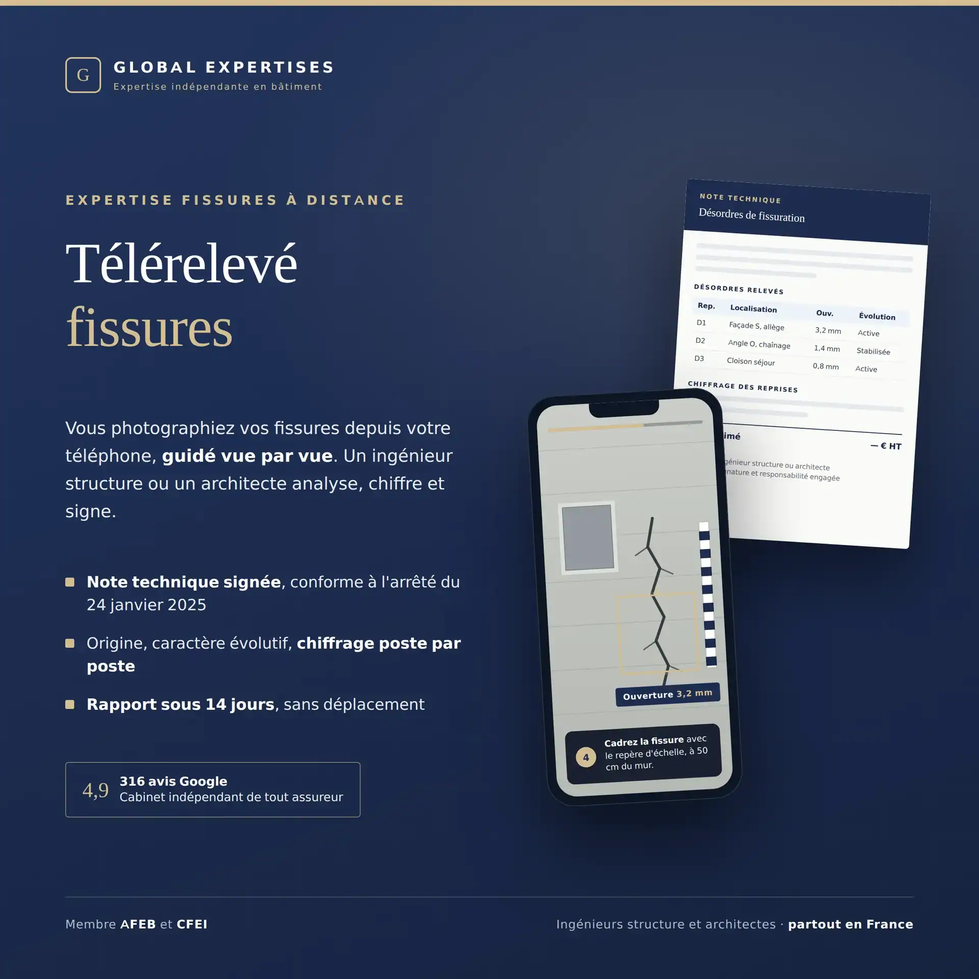 Télérelevé fissures de Global Expertises : relevé photographique guidé sur téléphone et note technique signée par un ingénieur structure ou un architecte