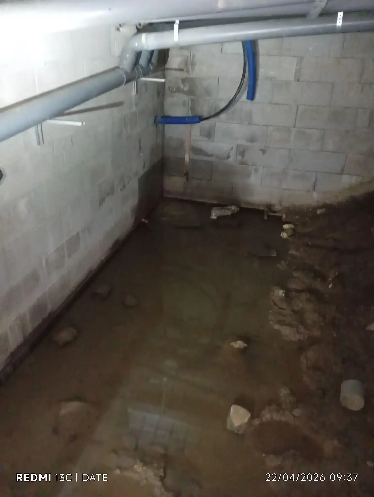 Flaque d'eau stagnante sur le sol en terre d'un vide sanitaire en parpaings, avec traces d'humidité en pied de mur.